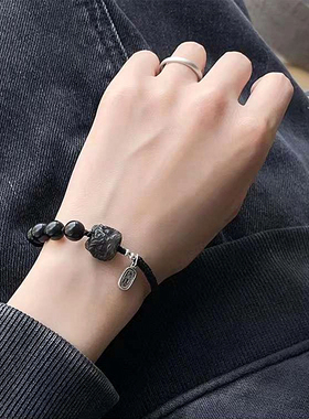 男女情侣手链银曜石醒狮猫咪简约