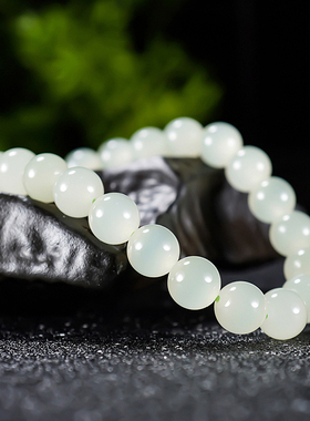 特细料无瑕疵起冰起荧光白猫满猫眼和田玉情水圆珠手链手串 8mm