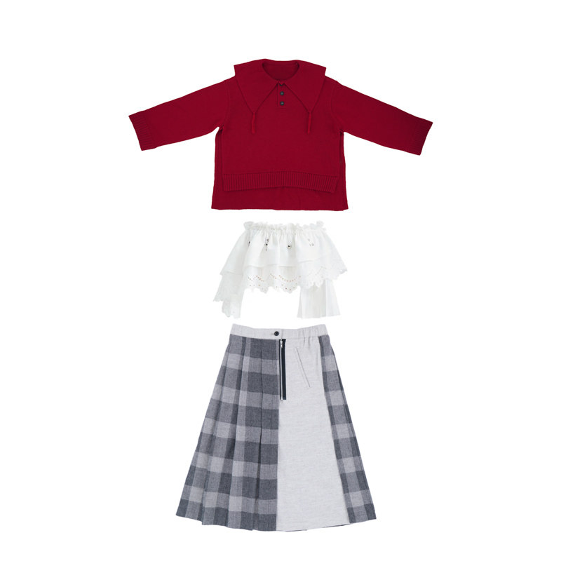 新年红腔调毛衣罩衫+日系灰格拼接百褶裙+百搭钉珠不规则围裙,淘宝优惠券,粉丝福利购,淘宝优惠卷