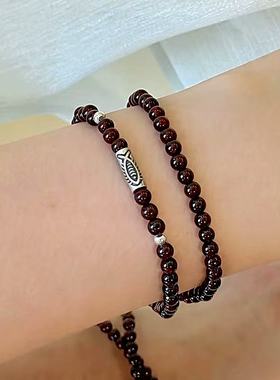 普陀山文创集天然双圈小鱼石榴石手串S925银手链情侣生日送礼物