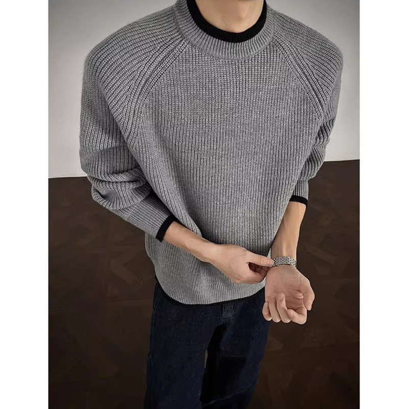 秋冬老钱风撞色插肩袖假两件毛衣男宽松复古休闲加厚保暖针织衫男,淘宝优惠券,粉丝福利购,淘宝优惠卷