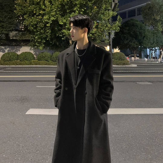 毛呢大衣男灰色秋冬季中长款加厚宽松过膝风衣男韩版呢子西装外套