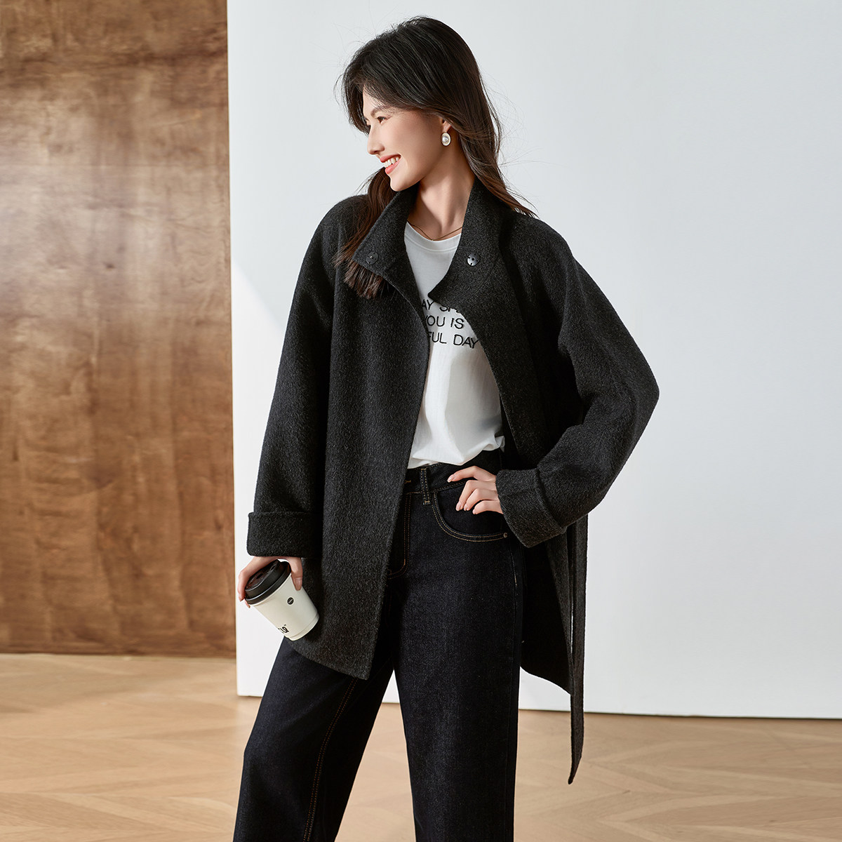 3S女装2025冬季新款100%绵羊毛呢大衣女中长款双面呢外套极简风,淘宝优惠券,粉丝福利购,淘宝优惠卷