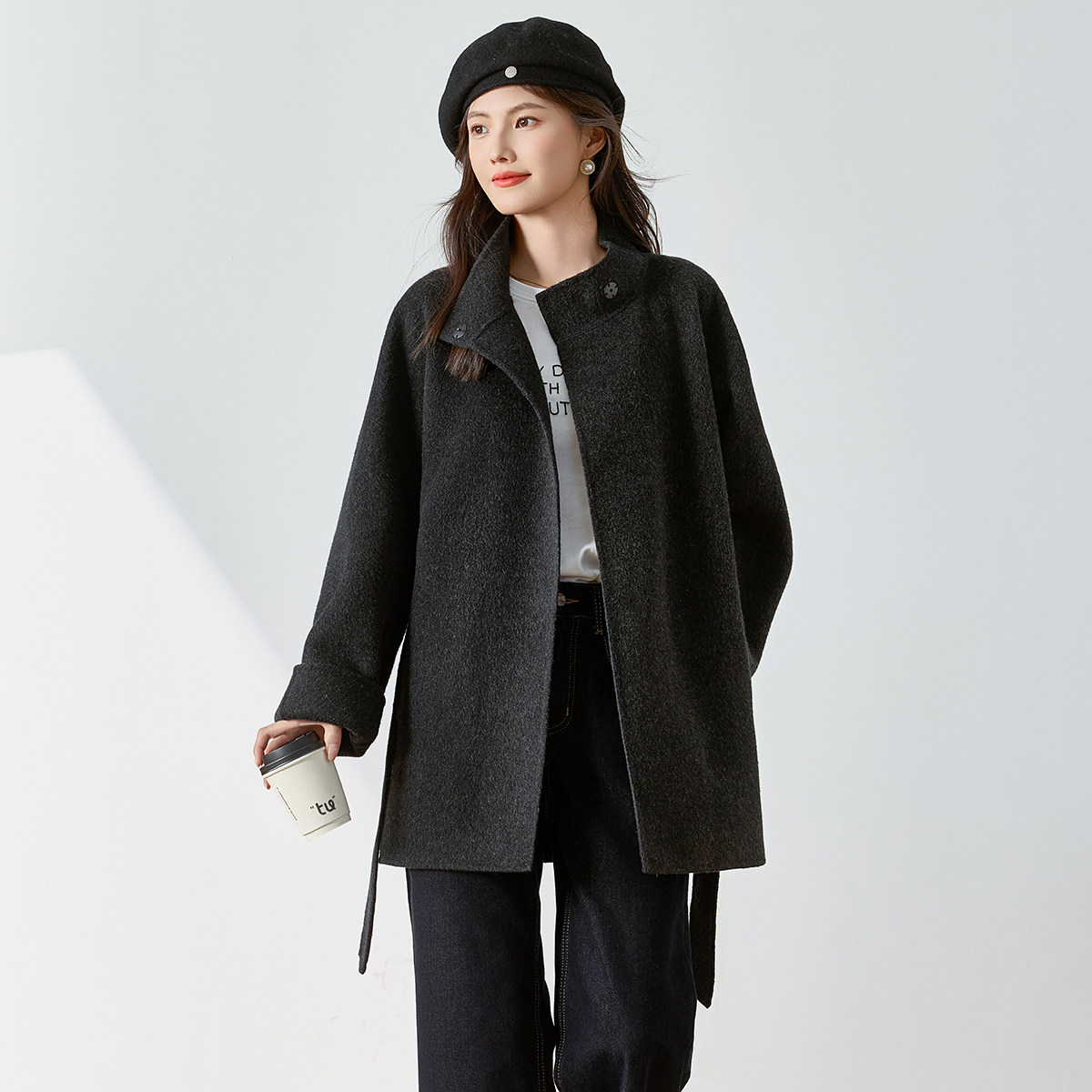 3S女装2025冬季新款100%绵羊毛呢大衣女中长款双面呢外套极简风,淘宝优惠券,粉丝福利购,淘宝优惠卷