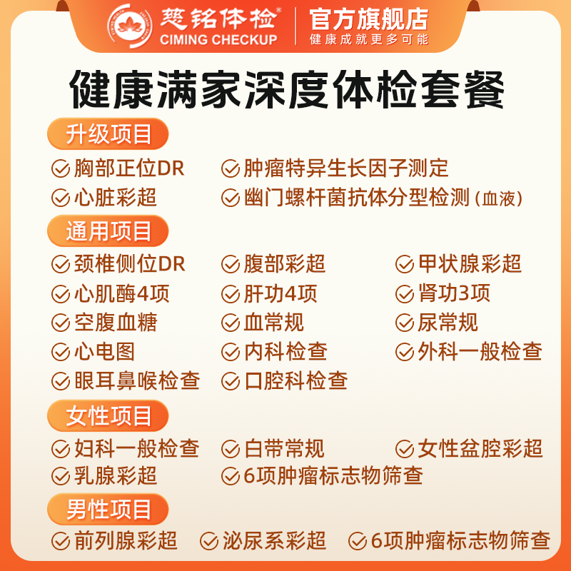 慈铭体检健康满家系列体检套餐中青老年家庭通用版男士女士体检卡