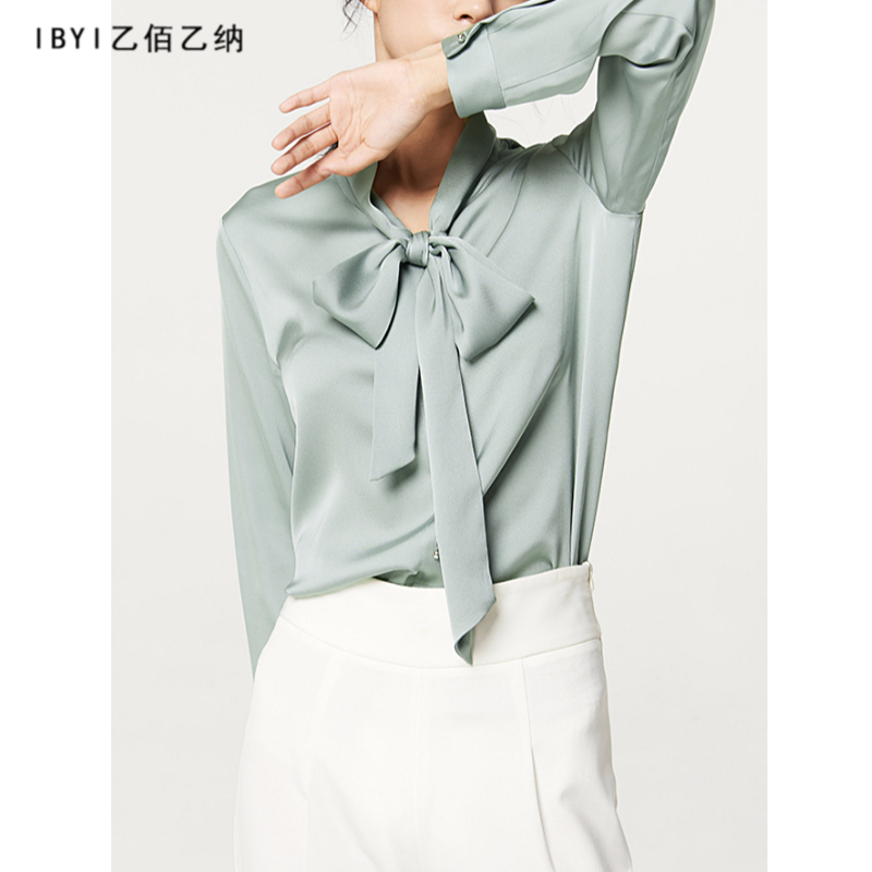 乙佰乙纳春款长袖真丝衬衫女简约飘带宽松桑蚕丝职业打底衫上衣_女装_女士精品