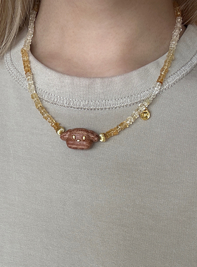 MARSEVEN 小狗系列渐变黄水晶木头小狗项链新中式轻奢简约饰品