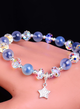 蓝色糖心玛瑙手串闪亮奥地利水晶手链女纯银流苏高级感设计时尚