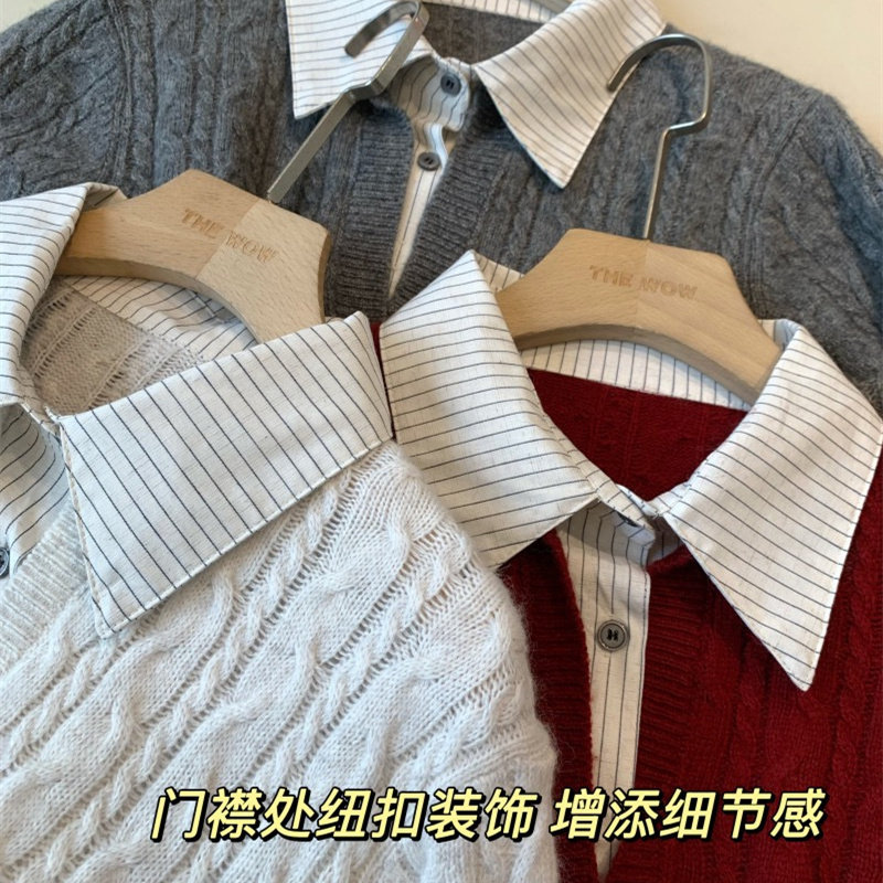 温柔气质软糯羊毛兔毛混纺条纹衬衫领假两件绞花针织毛衣,淘宝优惠券,粉丝福利购,淘宝优惠卷