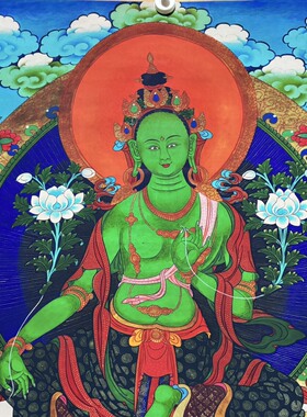 绿度母西藏佛像画像尼泊尔手工矿物颜料牛皮纸装饰画绿条幅
