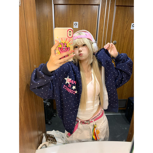 JMJ 美式波点星星字母印花连帽开衫卫衣男女春秋宽松休闲百搭外套 - 图3