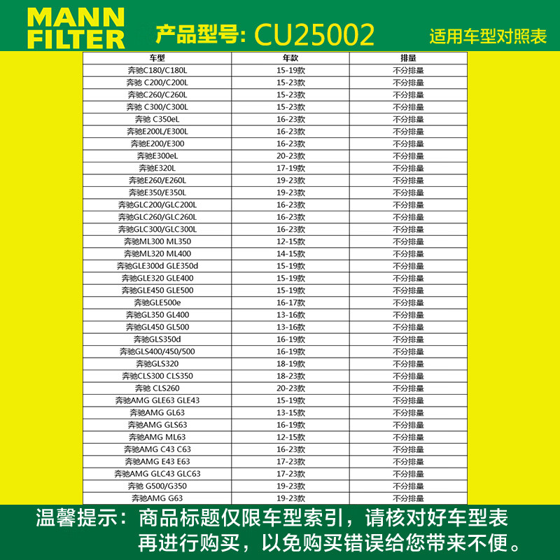 曼牌滤清器CU25002颗粒外置空调滤芯适用奔驰C200GL350ML250 - 图0