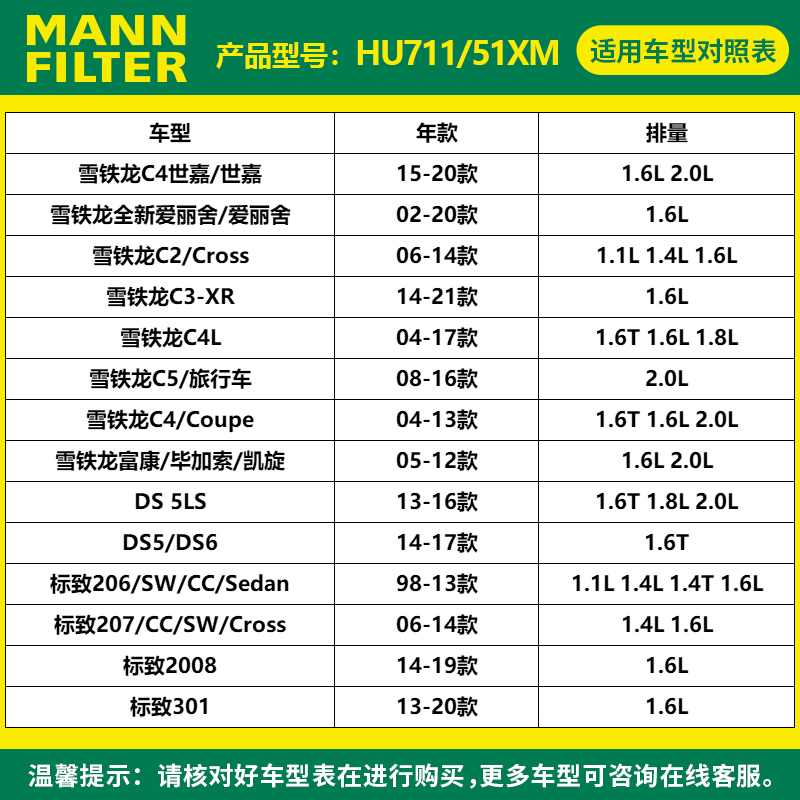 曼牌滤清器HU711/51XM机油格滤芯适用标致307/308408雪铁龙C5世嘉