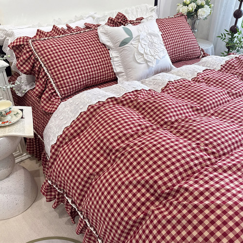 红色格子复古风全棉水洗棉四件套床盖夹棉纯棉花边被套结婚房床品 - 图2