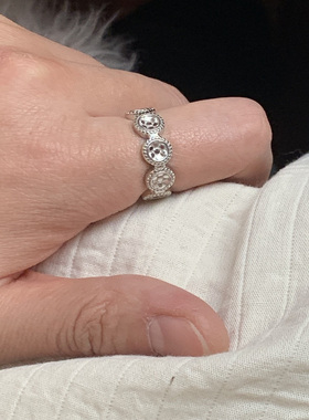 HS | 925纯银 纽扣花边圆形开口戒指