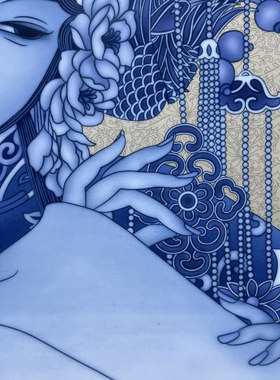 花梨木镶青花瓷花旦挂屏实木画框