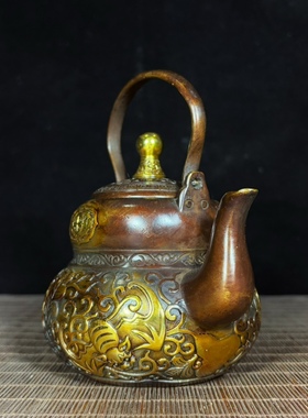 古玩花梨木镶珐琅彩福禄茶壶