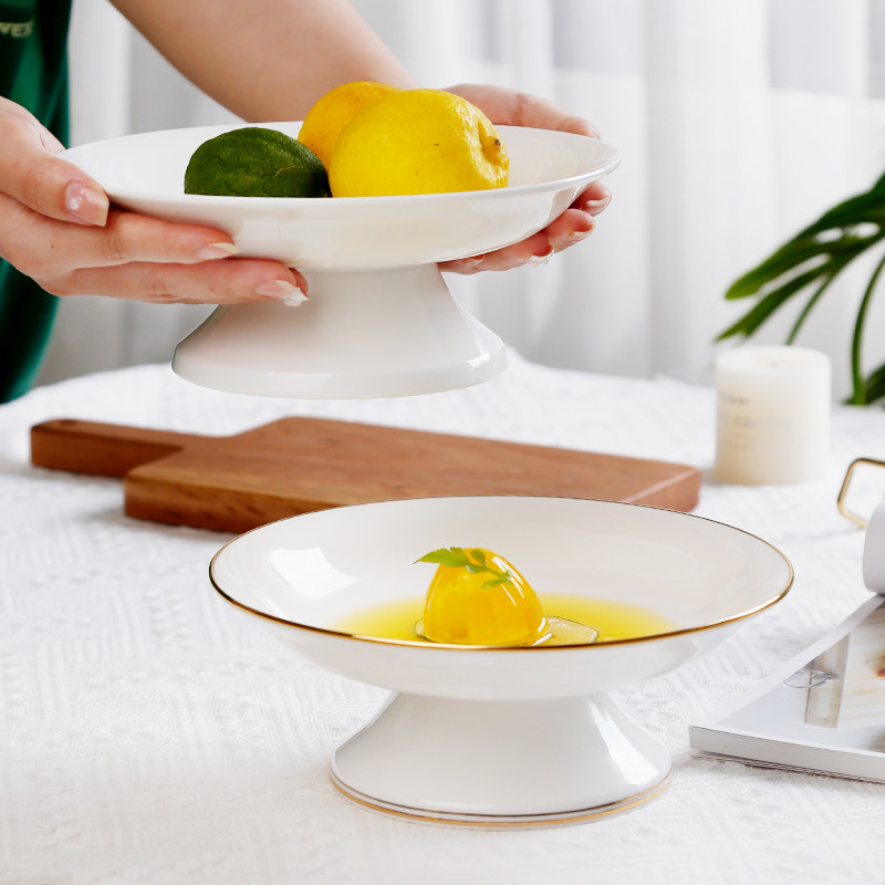 轻奢金边水果盘客r厅家用骨瓷高脚零食糕点盘茶点盘,淘宝优惠券,粉丝福利购,淘宝优惠卷