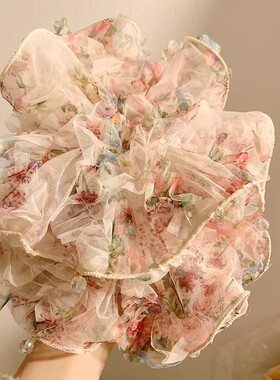 粉色碎花网纱重工大肠发圈