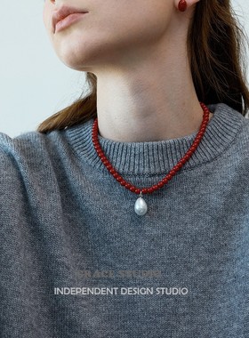新款相思豆红色珍珠串珠项链高级感红色圣诞新年礼物女秋冬毛衣链