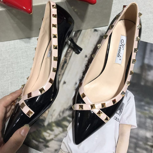 铆钉单鞋女中跟漆皮尖头细跟浅口鞋柳钉拼色猫跟高跟鞋V口女鞋5cm - 图3
