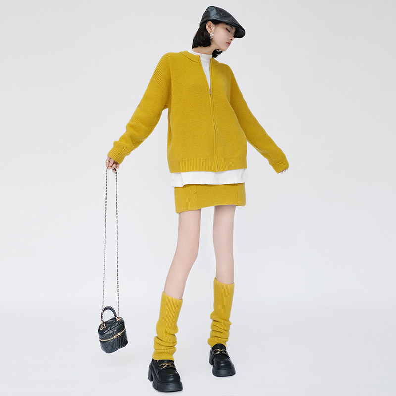 OF U慵懒风黄色毛衣半身裙两件套女秋冬气质宽松针织开衫短裙套装,淘宝优惠券,粉丝福利购,淘宝优惠卷