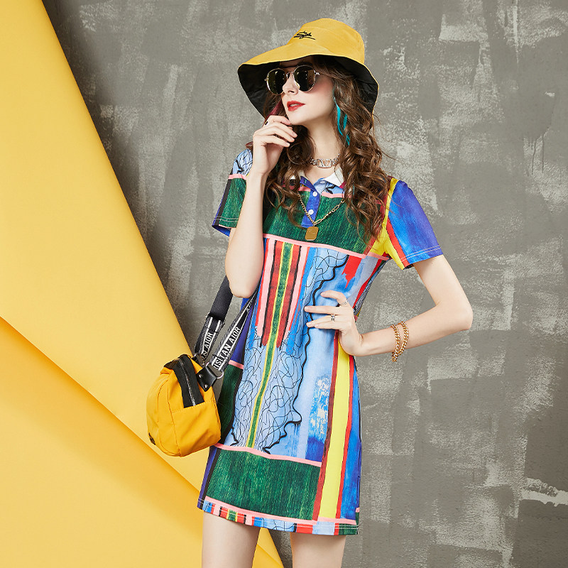 纷彩鲨鱼印花短袖Polo连衣裙女2025欧洲站夏新款中长款休闲A字裙,淘宝优惠券,粉丝福利购,淘宝优惠卷