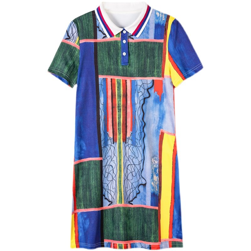 纷彩鲨鱼印花短袖Polo连衣裙女2025欧洲站夏新款中长款休闲A字裙,淘宝优惠券,粉丝福利购,淘宝优惠卷