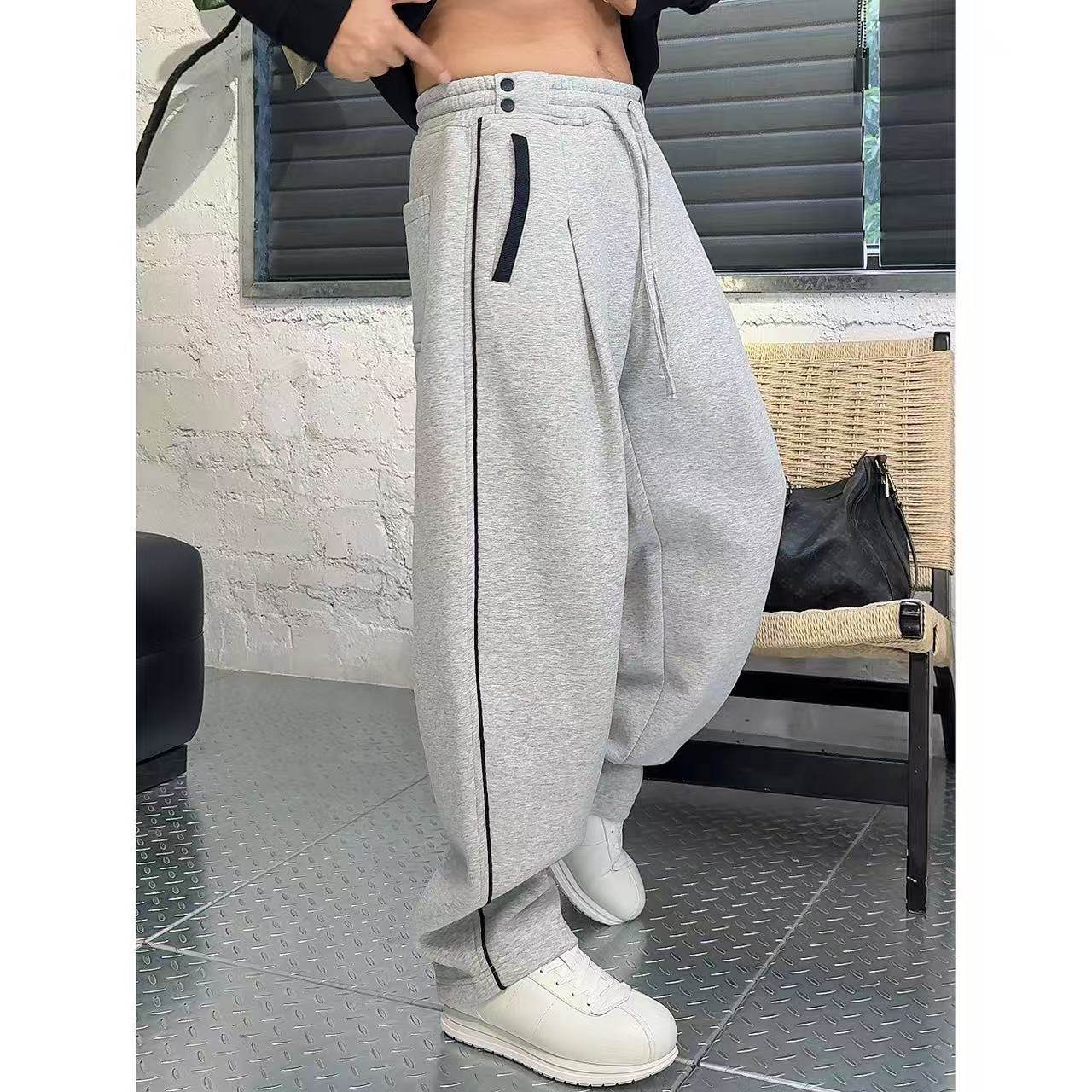 2568撞色线条摁扣弯刀卫裤冬季加绒加厚男士休闲微阔腿长裤子男裤,淘宝优惠券,粉丝福利购,淘宝优惠卷