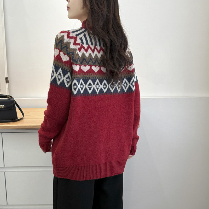 大码毛衣女胖mm秋冬2024新款时尚民族风提花半高领打底针织衫上衣,淘宝优惠券,粉丝福利购,淘宝优惠卷