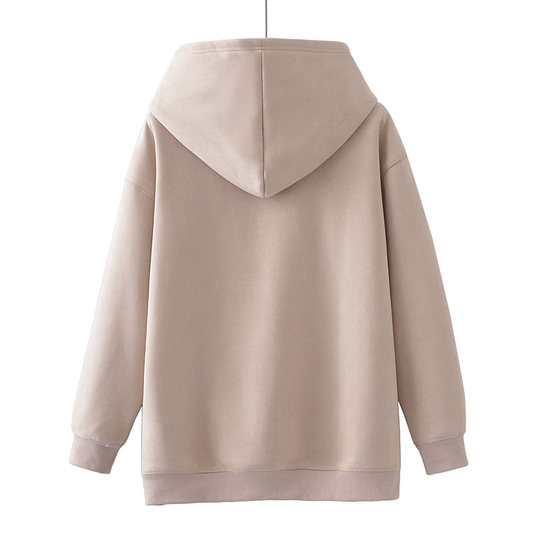 连帽卫衣女大码加绒2024秋冬新款胖mm韩版宽松慵懒风麂皮绒套头衫