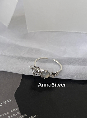 通体S925纯银冷淡风设计感蝴蝶玛瑙戒指开口指环