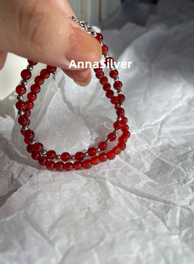 S925纯银时尚新中式红玛瑙手链新年红色珠子串珠手饰