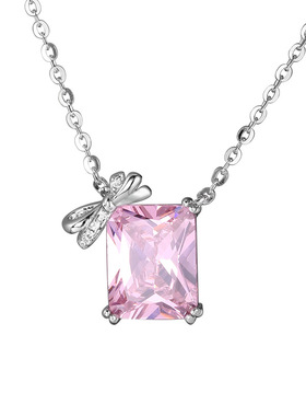 通体S925纯银蝴蝶结方形锆石项链