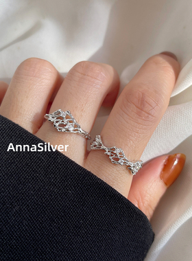 通体S925纯银气质设计感镂空编织戒指开口指环