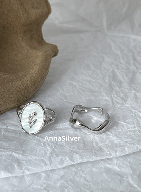 通体S925纯银冷淡设计感波浪开口戒指几何椭圆郁金香贝壳指环