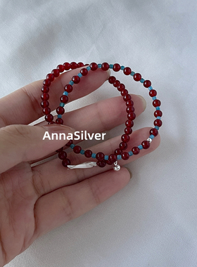 S928纯银新中式国风红玛瑙串珠手链小鱼新年手串弹力绳设计