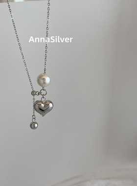 通体S925纯银时尚气质珍珠爱心形圆珠吊坠抽拉调节短款项链