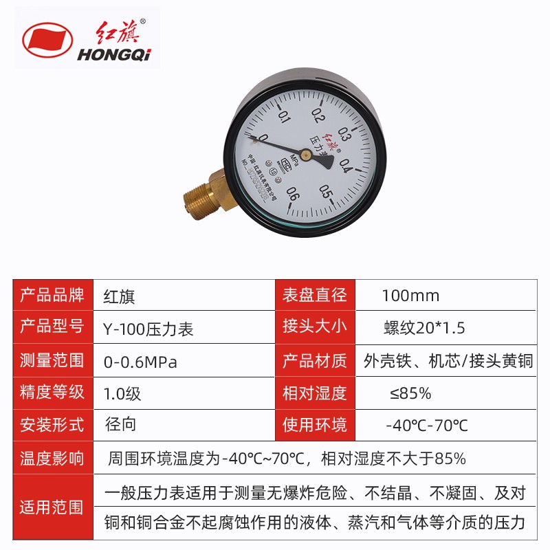 红旗仪表厂家直销Y-100普通压力表高精度1.0级螺纹20x1.5电气水压 - 图3