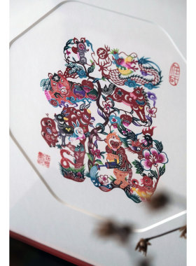 鹿溪风非遗彩色剪纸福字摆件
