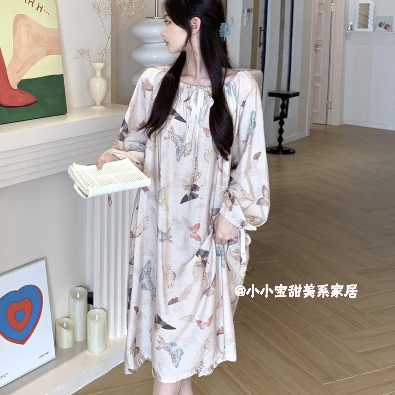 清冷美拉德蝴蝶复古睡衣女春夏甜美中长款睡裙高级感国风家居服