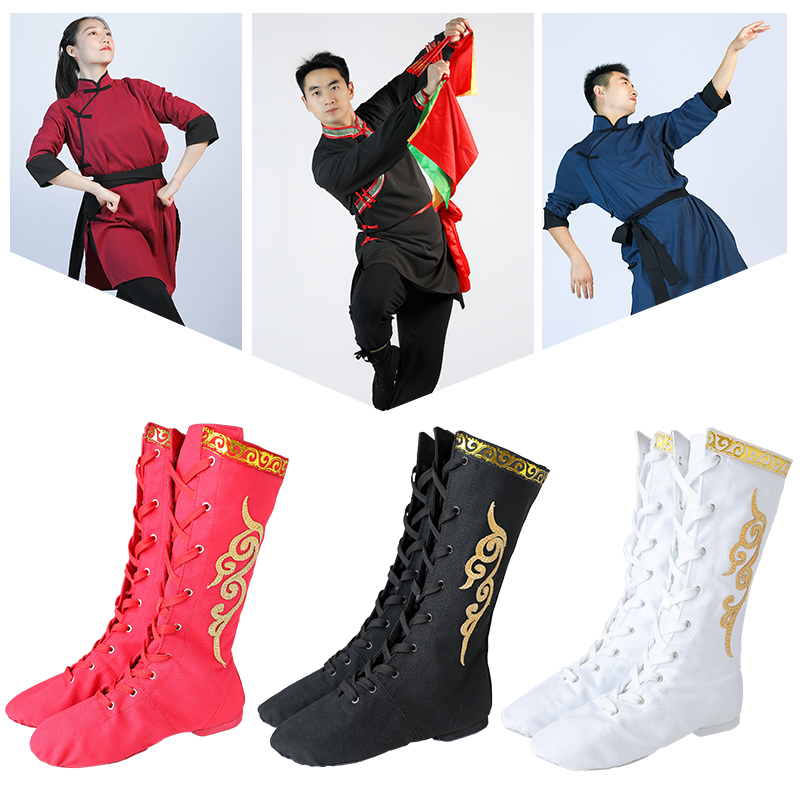 找泛儿帆布牛皮蒙古族藏族民族舞蹈软底鞋子靴子男女剧目皮靴马靴-图0