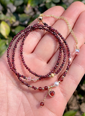 14k包金天然切面酒红色石榴石多层三圈 手链手串 手饰 项链两用款