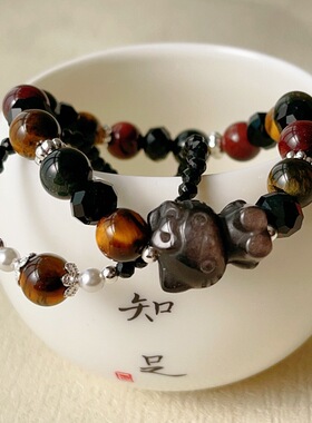 天然金曜石猫手链彩色虎眼石文艺复古手链大颗粒百搭男女款礼