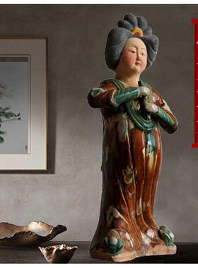 彩绘唐三彩俑家居乐器仕女俑俑仿古收藏陶瓷唐摆设女胖摆件妮