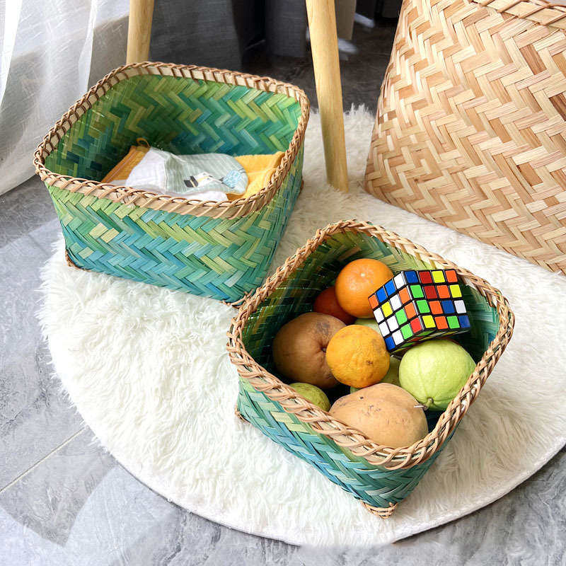 编织竹篮收纳筐正方形储物装饰民族风大小号绿色竹片手工编制杂物,淘宝优惠券,粉丝福利购,淘宝优惠卷