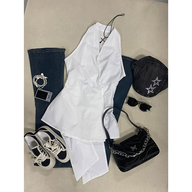 Qingya Girl Original Sleeveless V-neck Bow Tie Waist Shirt Women's Summer Design Niche White Top