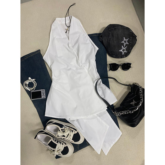 Qingya Girl Original Sleeveless V-neck Bow Tie Waist Shirt Women's Summer Design Niche White Top