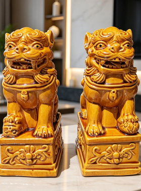 唐三彩陶瓷宫门对狮镇宅招财摆件