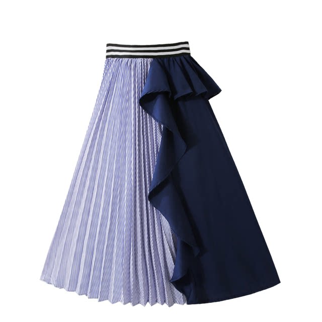 Autumn and winter new versatile contrasting color splicing high-waisted striped ruffled irregular pleated mid-length skirt